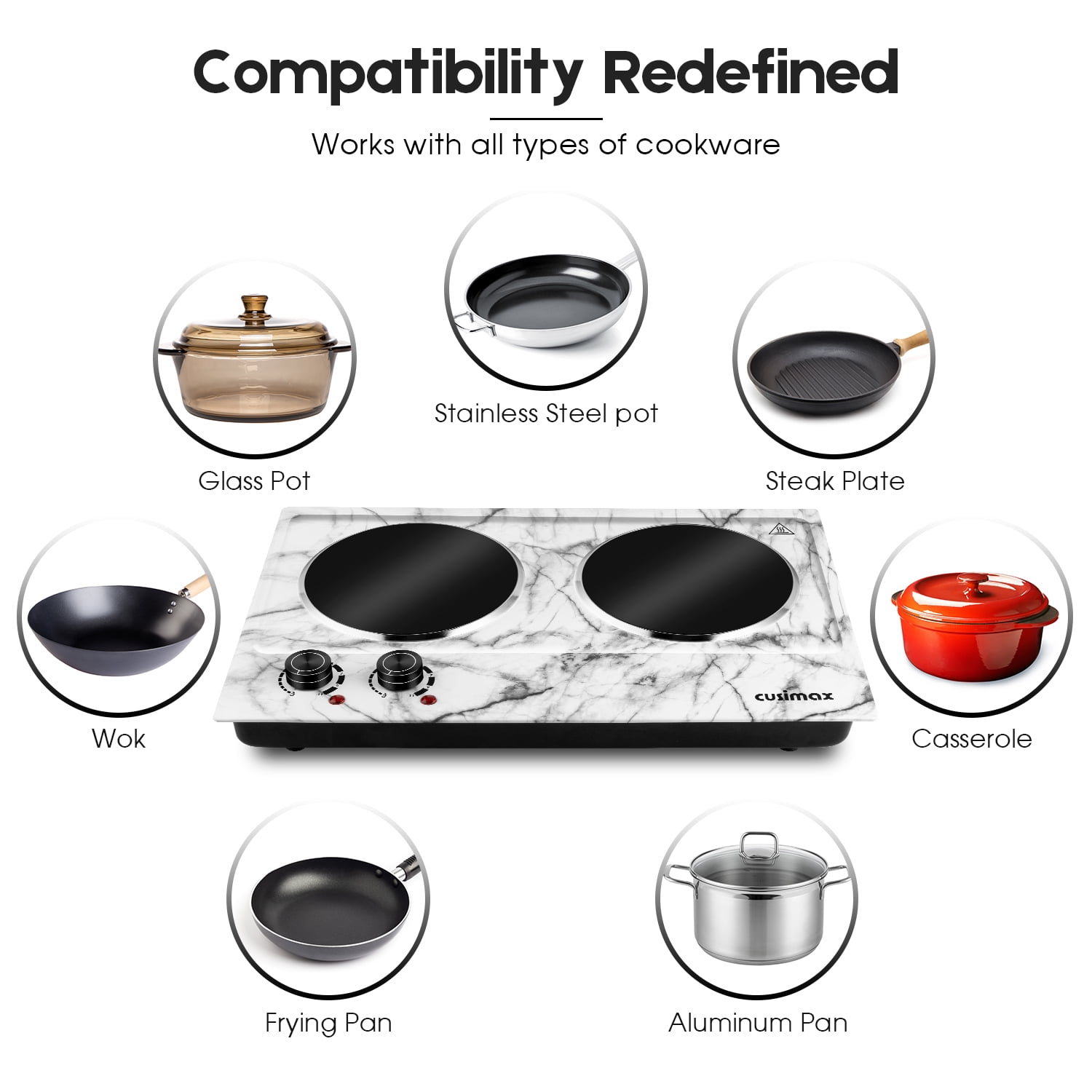 Cusimax 1800W Hot Plate While Marble Ceramic Cooktop Dual Infrared Burner
