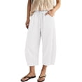 thumbnail image 2 of Women's Capri Pants Linen Summer Beach Casual Drawstring Wide Leg Lounge Palazzo Pant High Waist Trouser with Pockets White XXL, 2 of 7