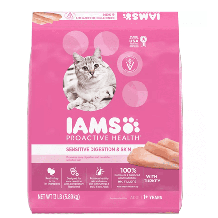 Iams ProActive Health Adult Indoor/Outdoor Sensitive Digestion and Skin Turkey Recipe Dry Cat Food 13 lb