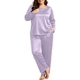 thumbnail image 5 of SHTXOZHI Women's Plus Size Satin Pajamas Set Long Sleeve Long Sleepwear Elastic Loose Loungewear Solid Color Homewear, 5 of 9