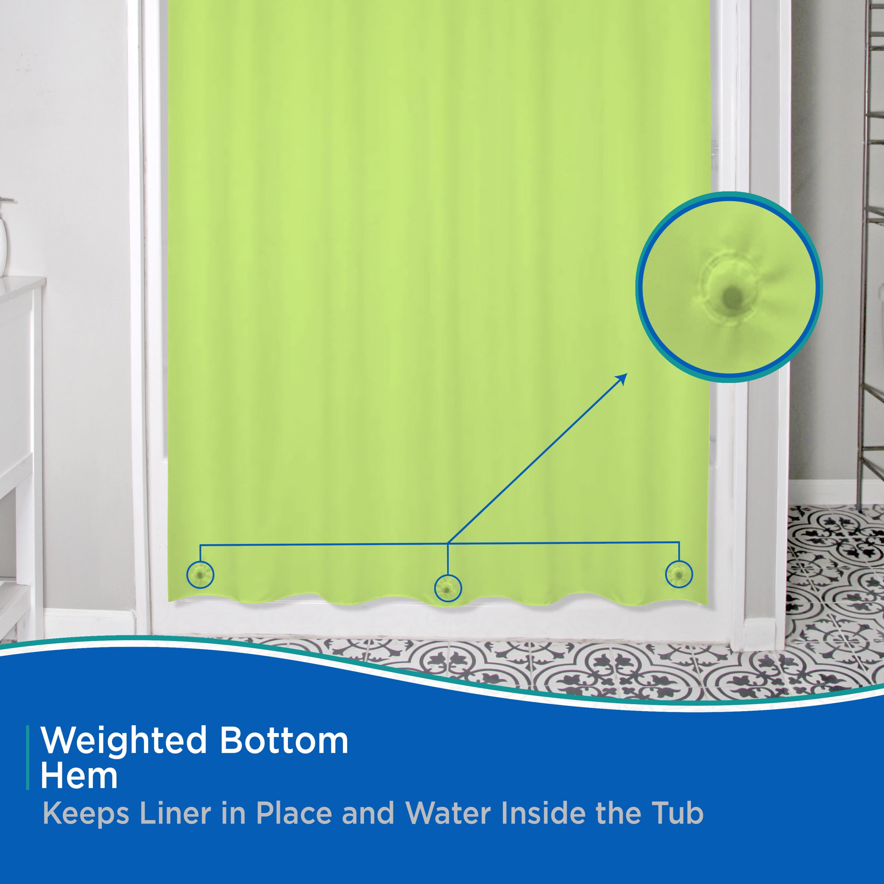 Kenney Medium Weight PEVA Shower Curtain Liner and Beaded Roller Ring Set, 70" W x 72" H, Green