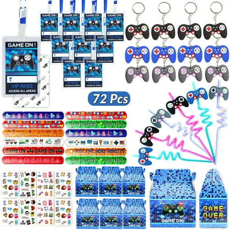 72 Pcs Video Game Party Favors Blue for Kids - 12 set of VIP Pass Holder Keychain Treat Box Stickers Game On Themed Gamer Boys Birthday