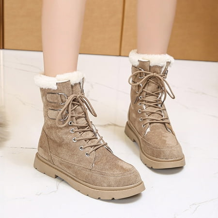 

Yinguo Fashion Autumn And Winter Women Snow Boots Flat Bottom Thick Bottom Non Slip Velvet Warm And Comfortable Solid Color Lace Up