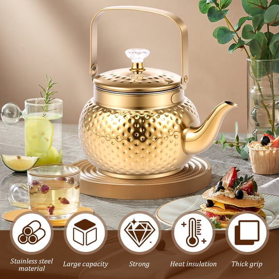 Fkszll Hammered Tea Kettle Stainless Steel Coffee Pot Loose Leaf Teapot for Milk Coffee Teapot with Strainer Stovetop Tea Kettle Outdoor Travel Supply Present,Gold,2L