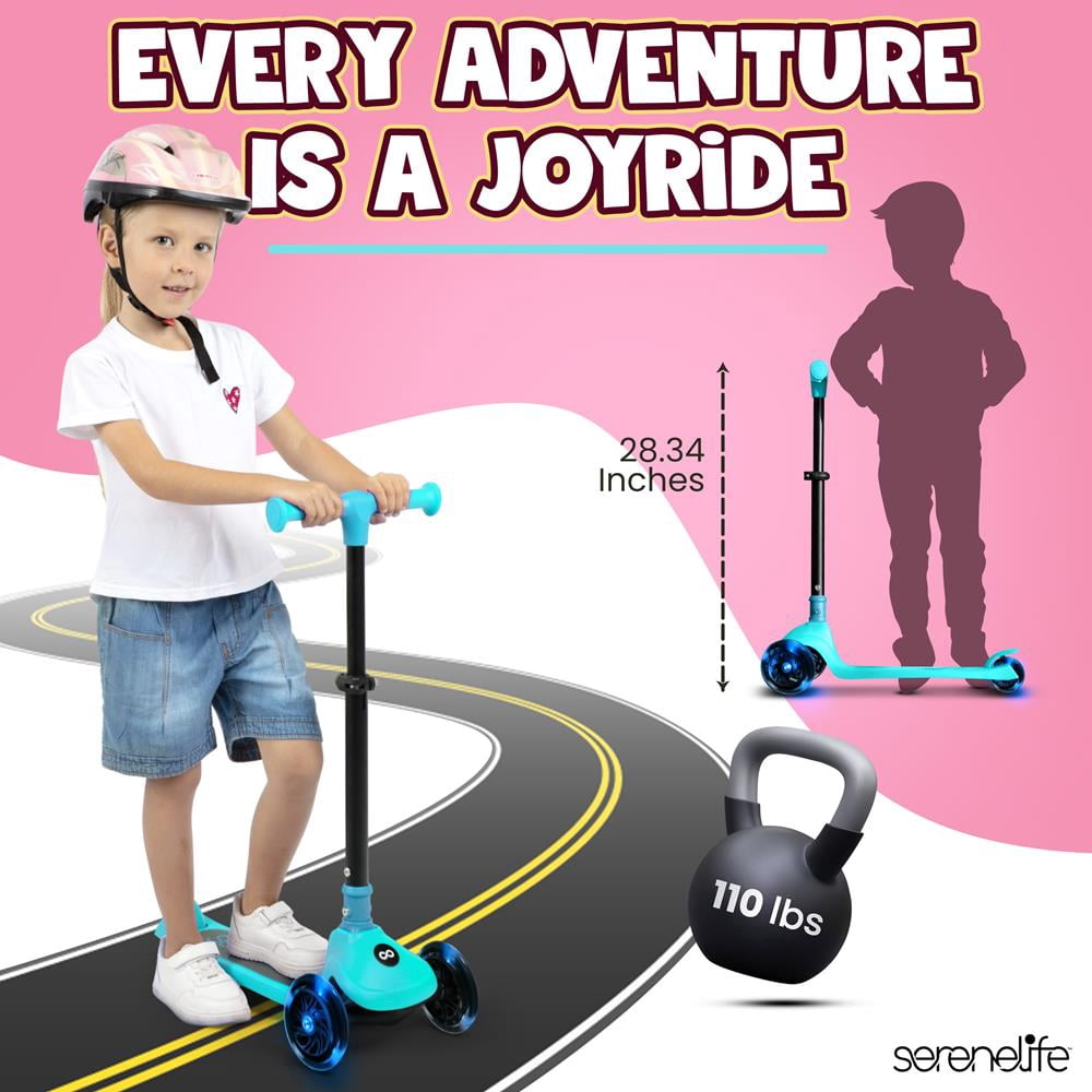 3-Wheel Foldable Kids Scooter - Child Toy Scooter with Built-in LED Wheel Lights, and Easy Maneuvering Lean-to-Steer Technology (Turquoise Blue)