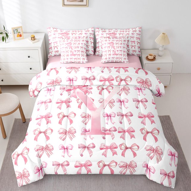 Erosebridal Kawaii Bowknot Bedding Queen Size,Monogrammed Letter Comforter Sets with Sheets,Inital Alphabet Bedding Sets Queen Size,Lightweight Cartoon Room Decorative,Reversible,7 Pieces