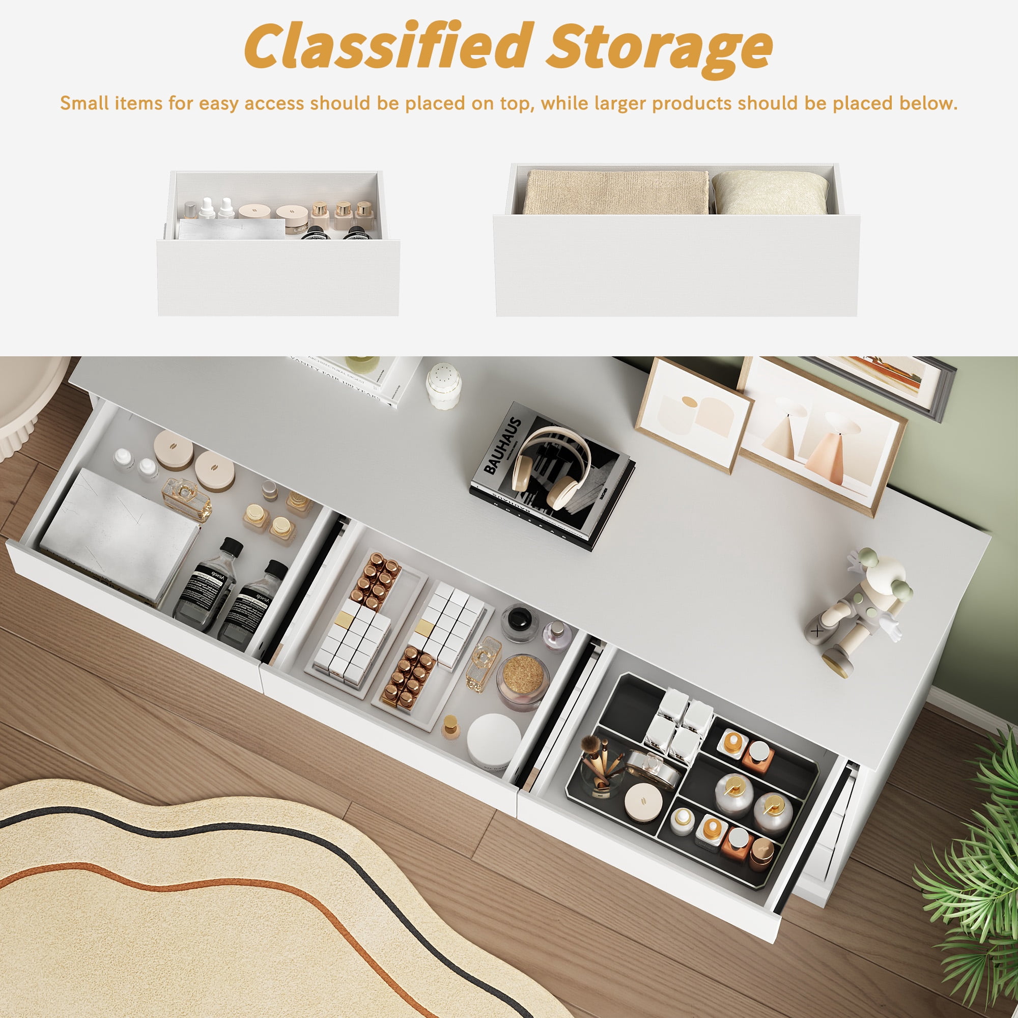 9 Drawer Dresser, White Chest of Deep Drawers, Modern Dressers with Storage, Large Drawer Organizer for Bedroom, Living Room, Handless Design, White