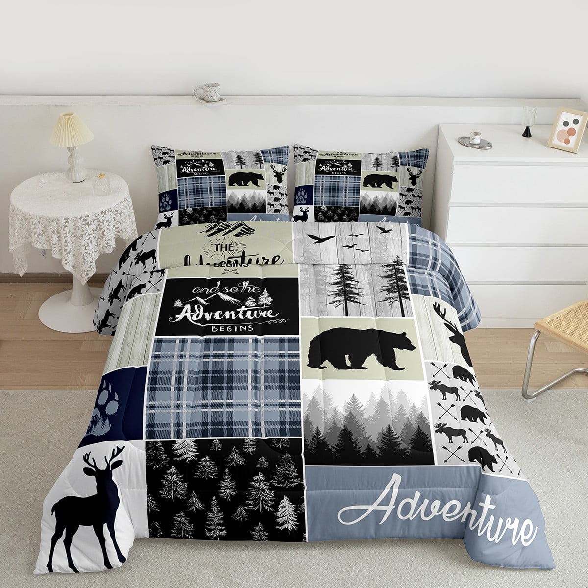 Rustic Deer Bear Comforter Set, Country Farmhouse Bedding Cabin Lodge Decor, Adventure Camping Grid Claw Bedding Comforter Sets Woodland Wild Animal Vintage Duvet Insert Teens Adult, Full
