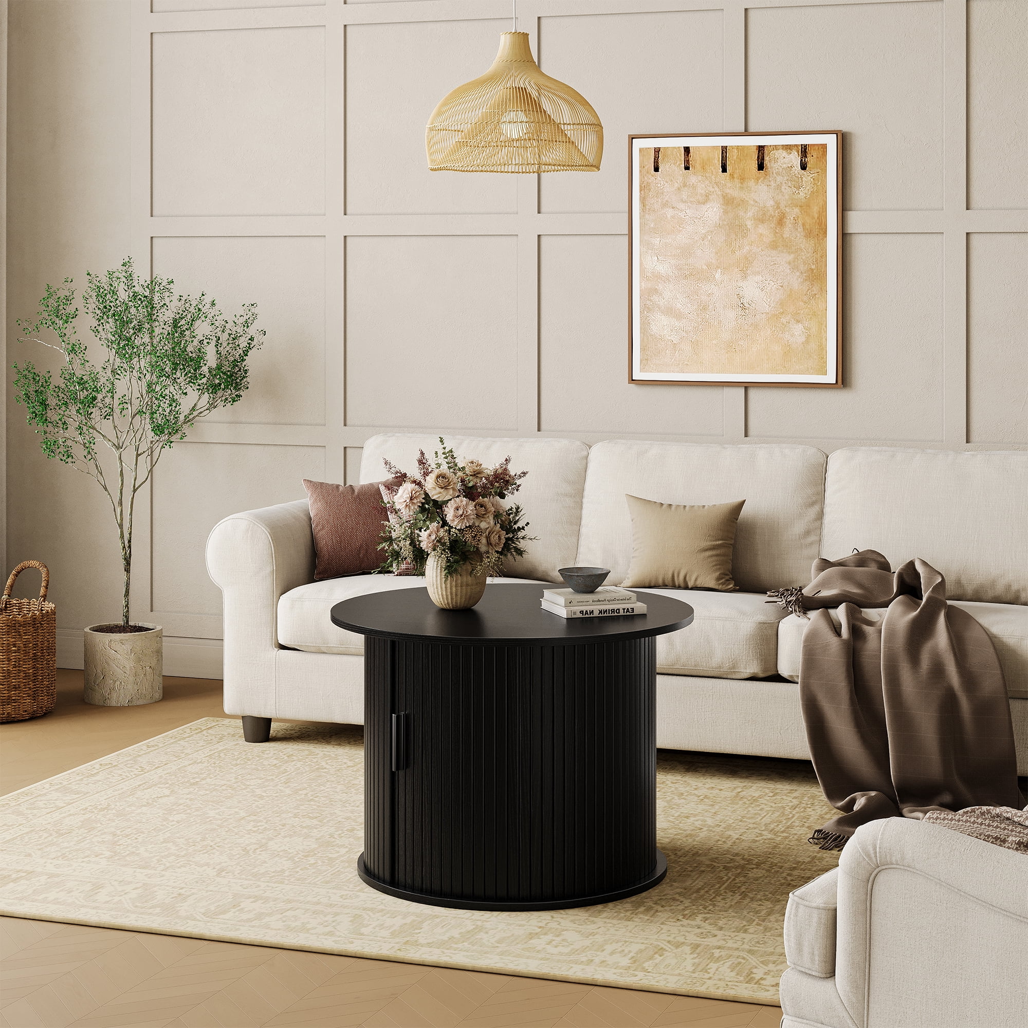 GUNAITO Round Small Coffee Table with Storage, Modern Farmhouse Center Table with Shelf Wood Table for Living Room, Black