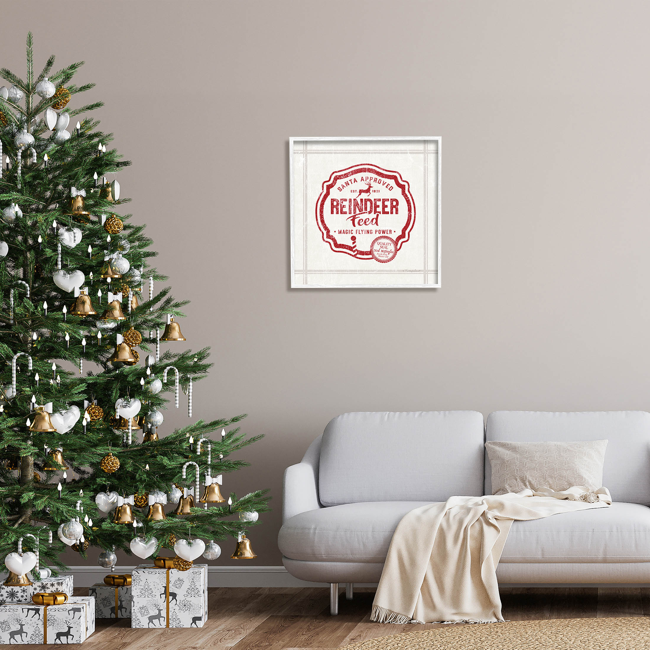 Vintage Christmas Reindeer Feed Holiday Graphic Art White Framed Art Print Wall Art