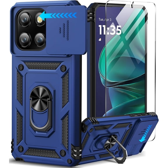 HCTian for Motorola Moto G Stylus 2025 Case with Screen Protector & Slide Camera Lens Cover, Built-in Ring Stand Shockproof Protective Phone Case for Moto G Stylus 5G 2025 Case