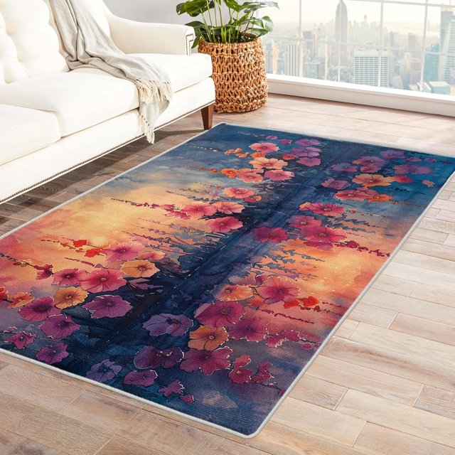 Floral Rugs for Living Room Bedroom - Flowers Rug 4x5 - Plant Carpet for Home Decor - Washable Non Slip Patterned Indoor Large Area Rug - Soft & Low Pile (ZL&788)