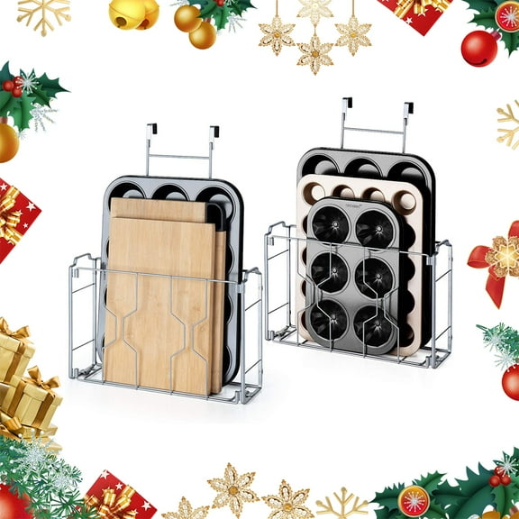 Auledio 2 Pack Metal Over Cabinet Door Organizer Home Essentials Storage Basket Hoom Christmas Decoration for Kitchen or Pantry (Silver)