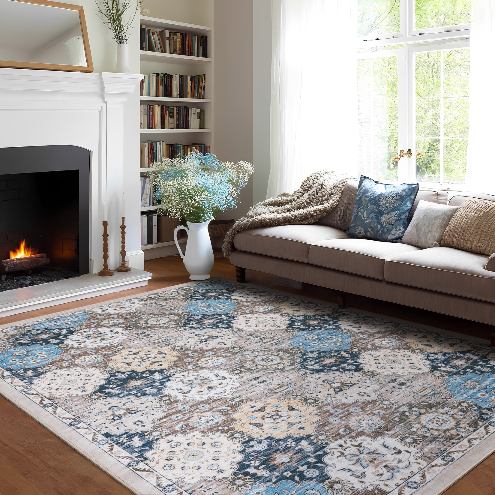 Toyoso 8x10 Area Rug Living Room Rugs - Washable Vintage Floral Soft Thin Large Rug Indoor Floor No Slip Rug Carpet for Bedroom Under Dining Table Home Office Decor - Multi Blue