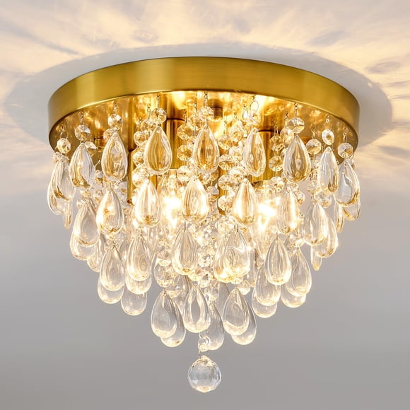 YYJLX Crystal Flush Mount Ceiling Light Modern Crystal Chandelier Gold 4-Light Fixture for Hallway Bedroom Entryway Bathroom Clos