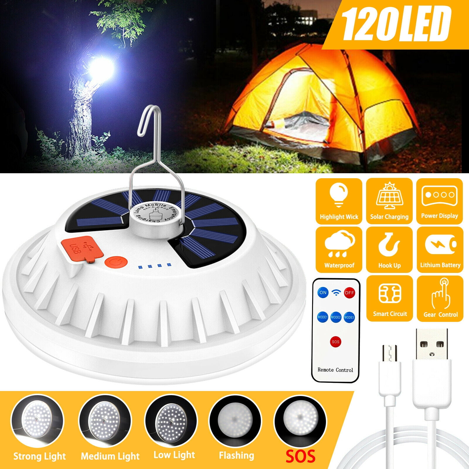 Rechargeable 120 LED Outdoor Camping Tent Light USB & Solar Lantern Hiking Lamp 
