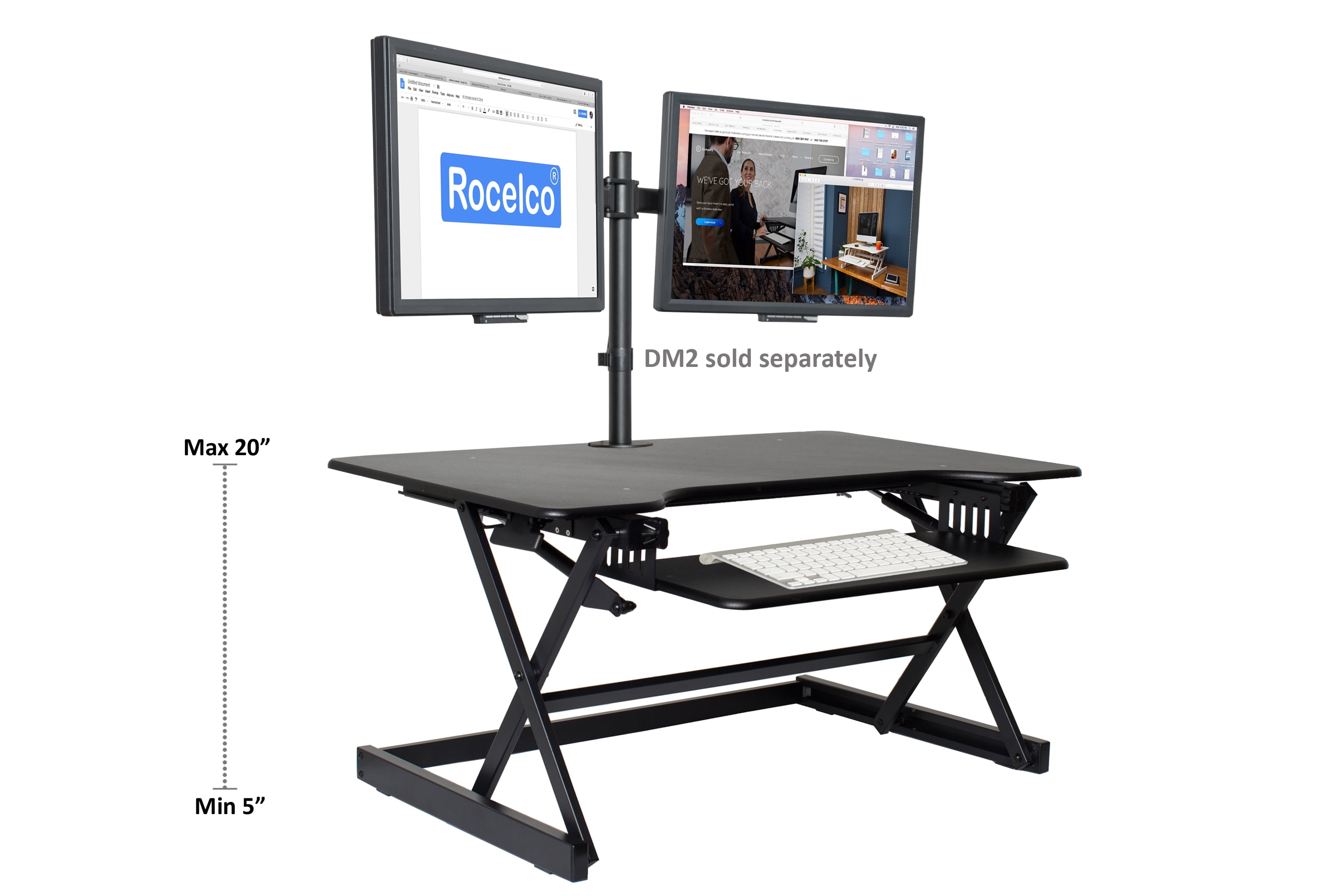 Rocelco 40" Height Adjustable Standing Desk Converter BUNDLE | Sit Stand Computer Workstation Gas Spring Riser with Dual Monitor and Retractable Keyboard Tray | Black (R DADRB-40-DM2)