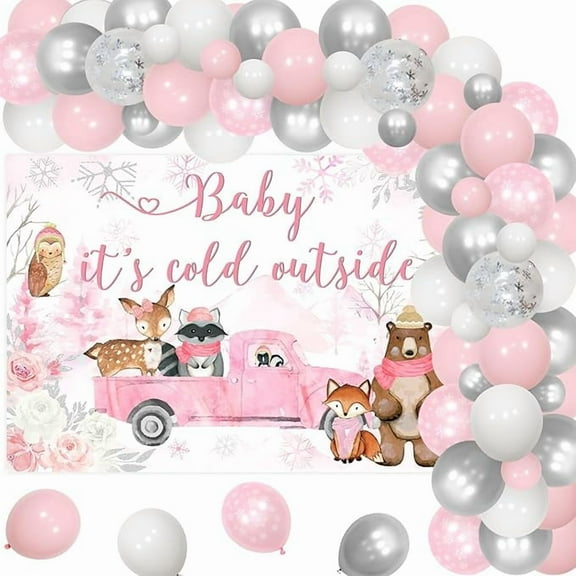 Winter Woodland Baby Shower Decorations Girl, Forest Animal Baby It's Cold Outside Backdrop Pink White Silver Snowflake Balloon Arch Garland for Girls Winter Baby Shower Gender Reveal