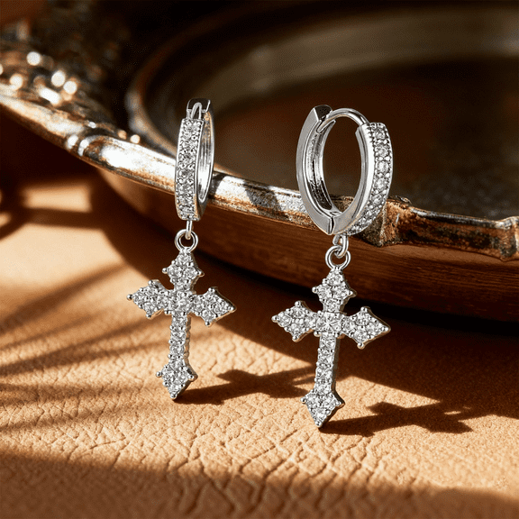 Copper Cross Hoop Earrings with Zirconia, Gold & Silver Tone Religious Dangle Earrings, Iced Out Faith-Inspired Jewelry for Women/Men