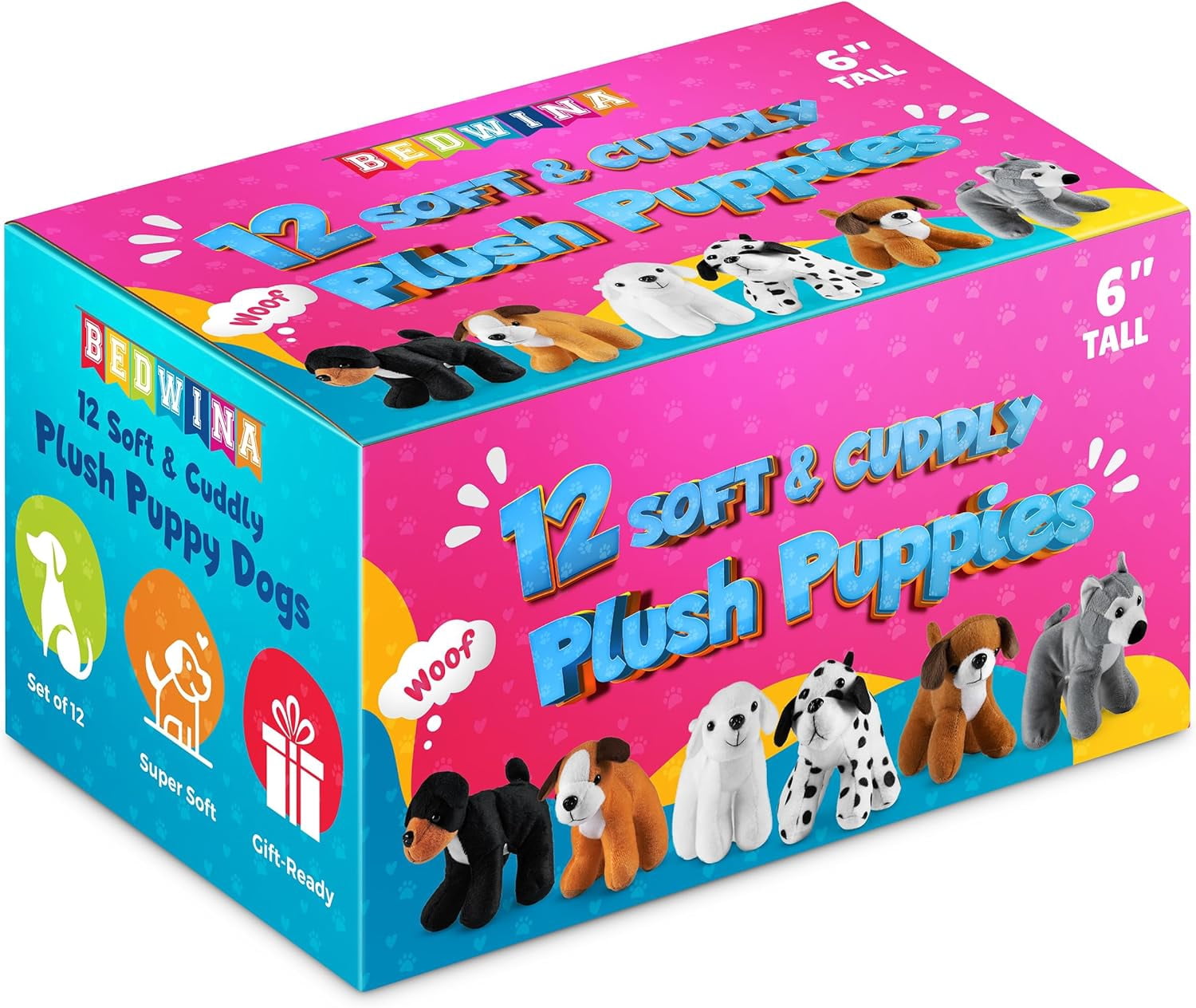 Bedwina Plush Puppy Dogs Pack of 12 – 6 Inch Soft Stuffed Animals Bulk Assorted Cute Dog Plush Toys for Kids, Stocking Stuffers, Birthday Gifts