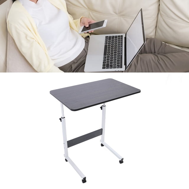 Sofa Bed Side Table, Solid Wood Iron Height Adjustment Mobile Laptop Computer Desk Cart Space Saving for Office Black