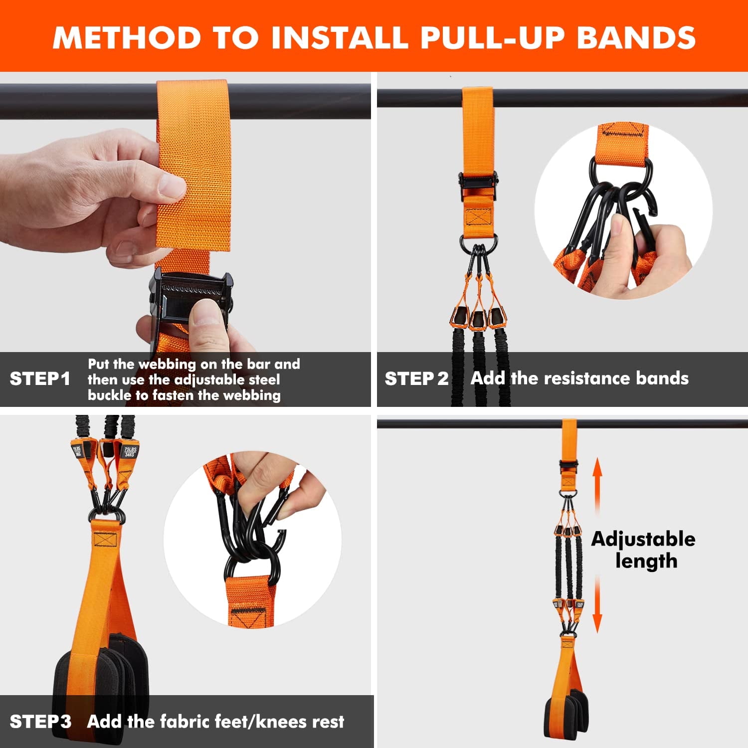 WOQQW Pull Up Assistance Bands, Adjustable Weight Resistance Band for Pull Up Bar, Feet/Knee Rest