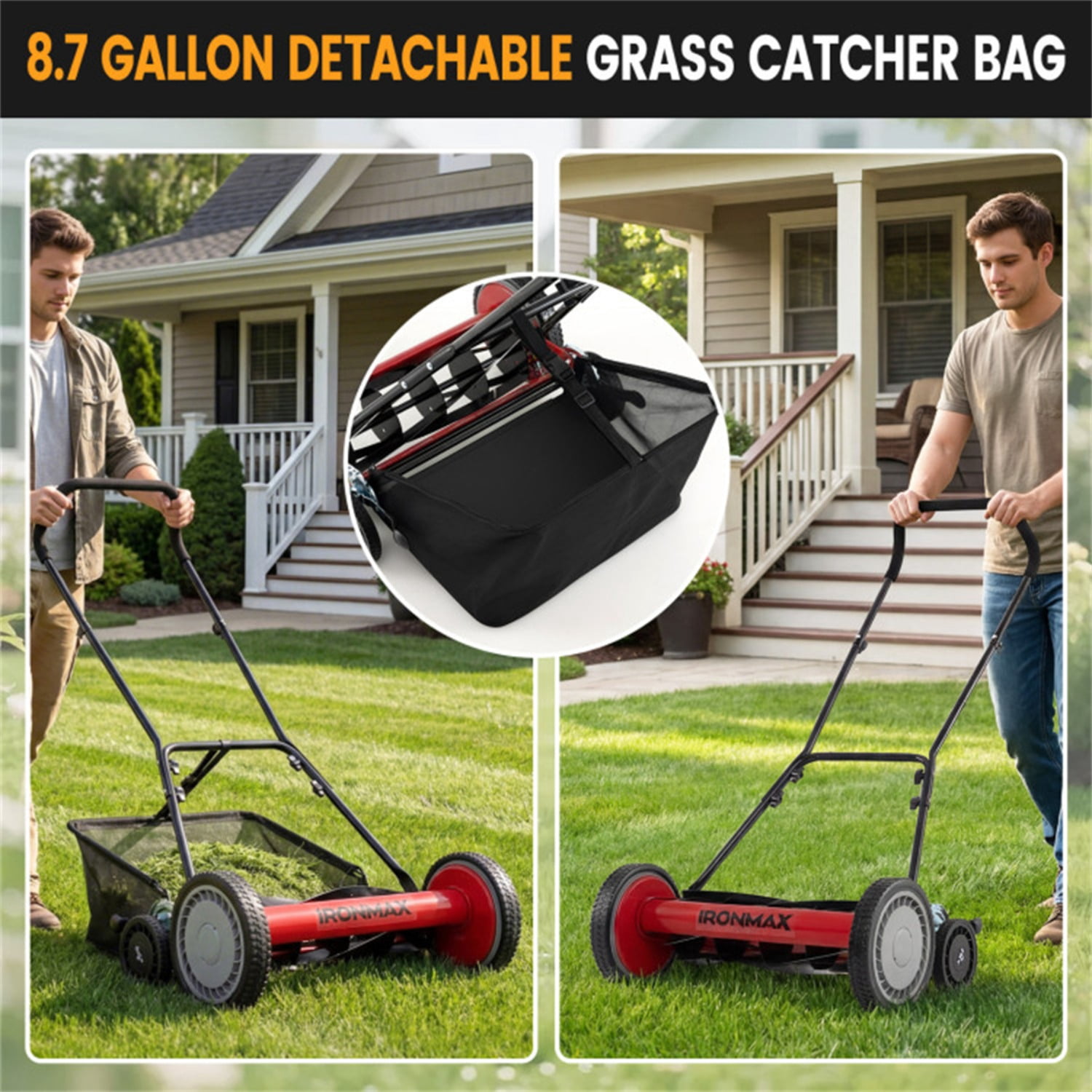 18-Inch 5-Blade Push Reel Lawn Mower with Grass Catcher, Manual Walk-Behind Mower with 4-Level Height Adjustment - Red