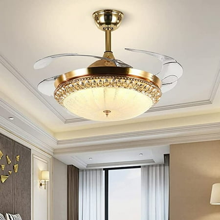 

KPIBEST 42 Inch Gold Dimmable Fandelier Crystal Ceiling Fans Remote Control Retractable Chandelier with Fans for Bedroom Living Room