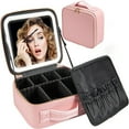thumbnail image 1 of JUNWELL Makeup Bag with LED Mirror  Adjustable Divided Makeup Storage  3 Light Modes  Pink, 1 of 5