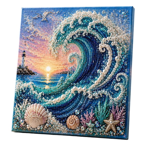 Yardvibe Ocean 3D Pearl Art DIY Kit, 7.9"x7.9" Waves Handmade Pearl Craft Kit for Adults, Sparkling Coastal Pearls Mosaic Art with Pearls & Rhinestones, DIY Home Wall Decor Gift
