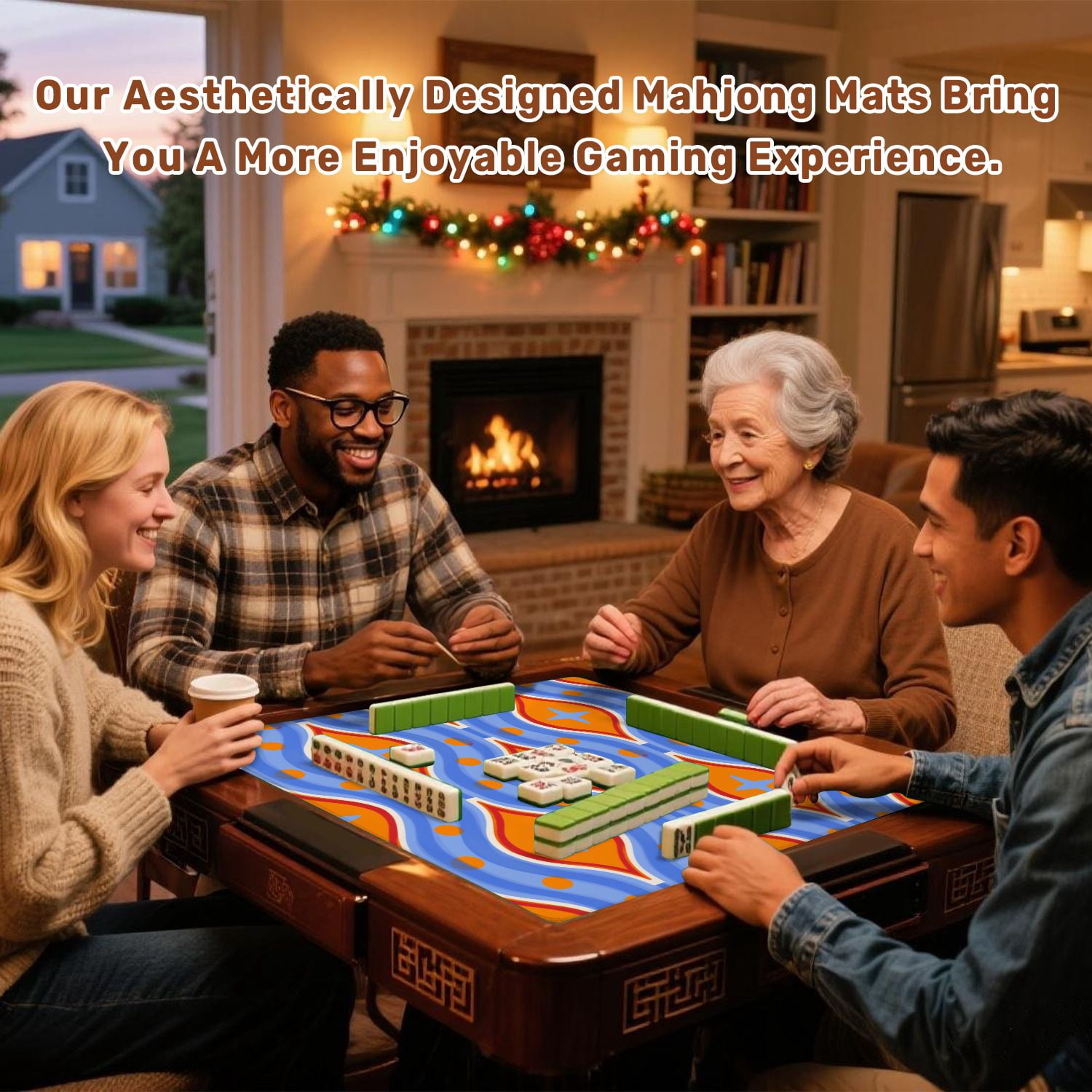 Mahjong Mat 31.5" x 31.5" Retro Geometric Orange Blue Star Motifs Wavy Lines Non-Slip Noise Reduction American Mahjong Tiles Table Cover for Dominoes Poker Card Board Games Gift