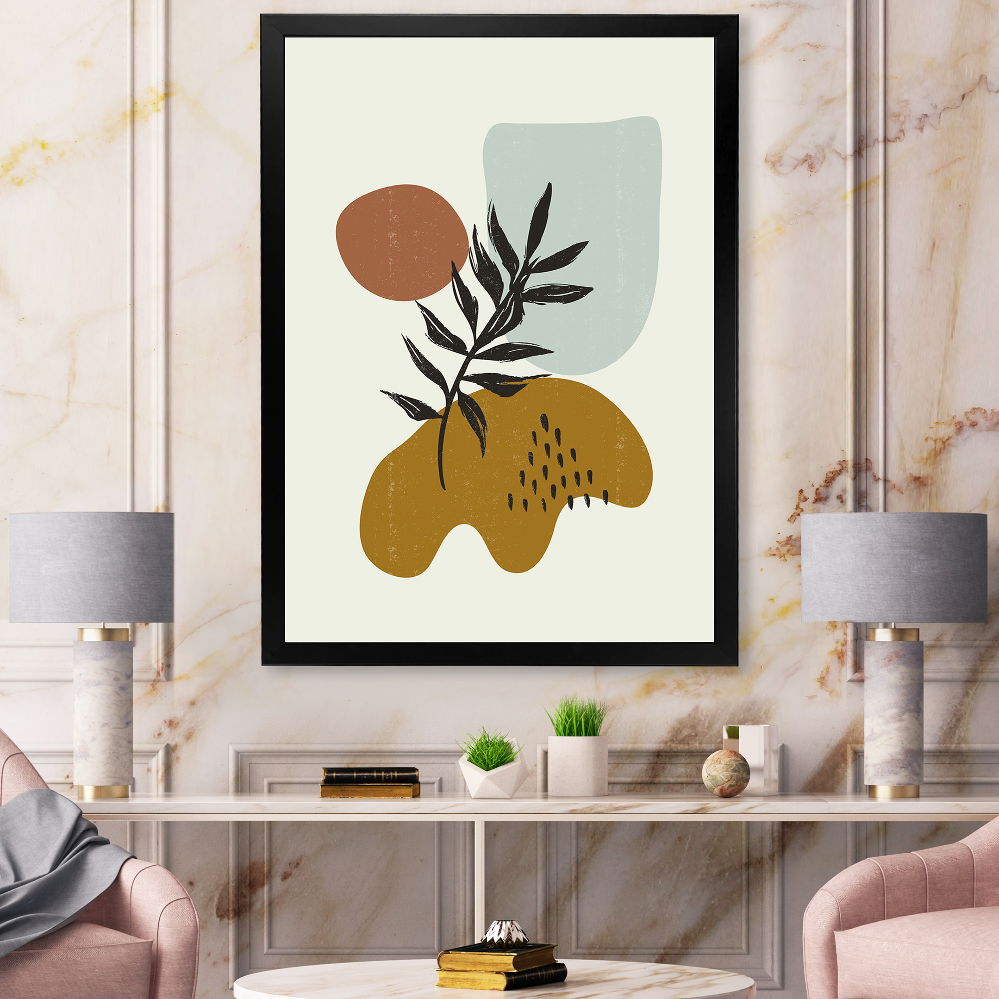 Designart 'Abstract Shapes With Botanical Minimalist Leaf II' Modern Framed Art Print