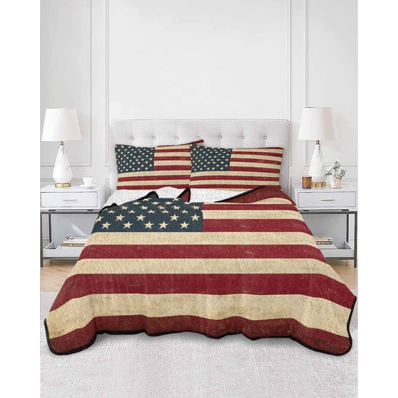 Quilts Queen Size, American Flag Soft Comforter Bedding Set for Bed, Vintage Red BlueUSA Flag Lightweight Quilted Bedspread with Pillow Cover(2 Pieces) for All Season, 90x96 Inch