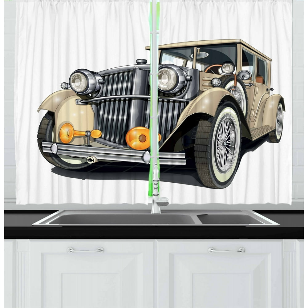 Cars Curtains 2 Panels Set, Vintage Vehicle Design Retro Car Hand Drawn Digital Classical