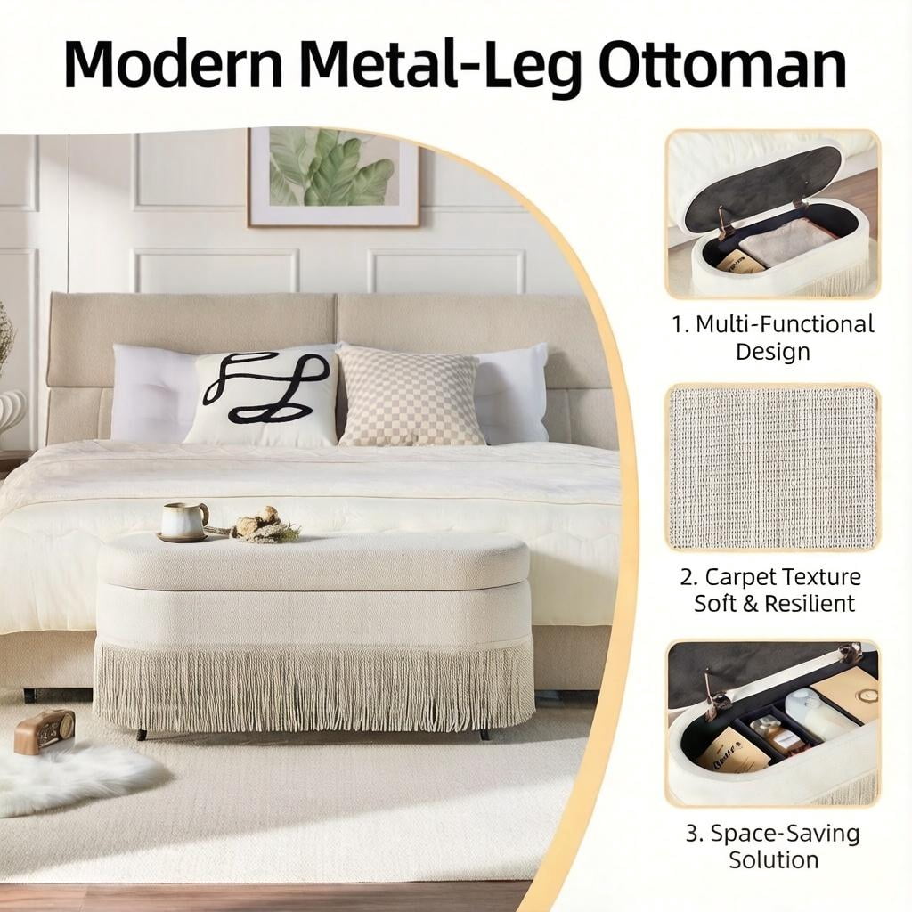 Oval Storage Ottoman with Fringe Trim & Lift-Top Lid, Multi-Functional Footrest Bench with Hidden Storage for Living Room or Bedroom, Space Saver, Grey