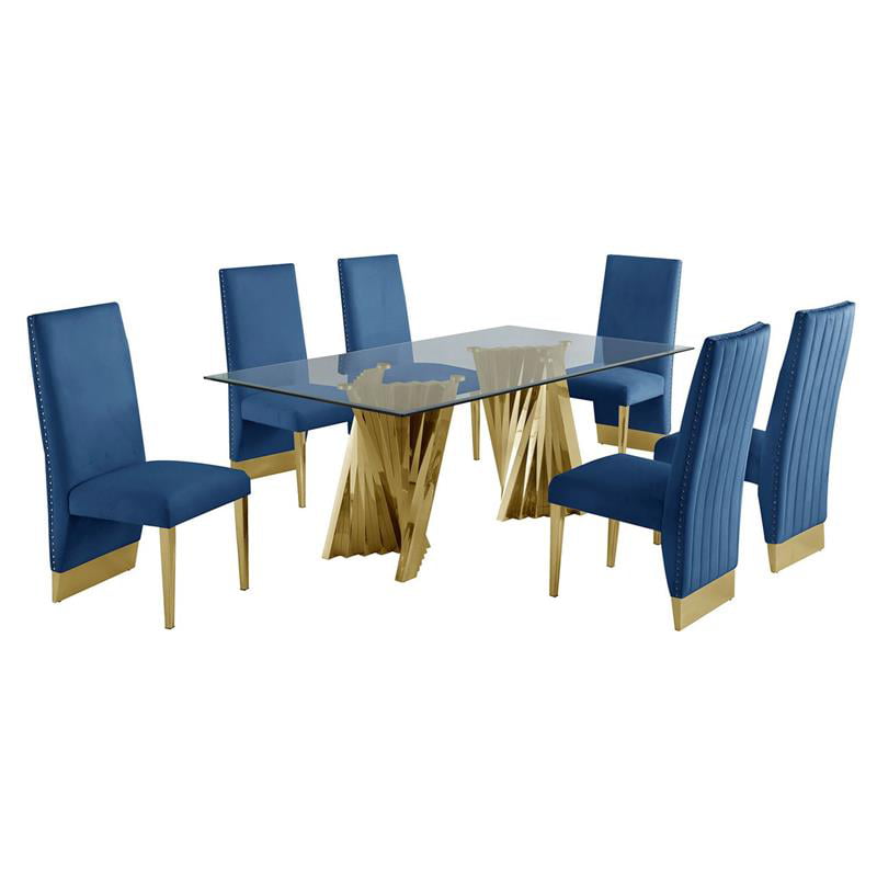 Clear Glass Dining Set With Table And 6, Round Glass Dining Table With Blue Chairs