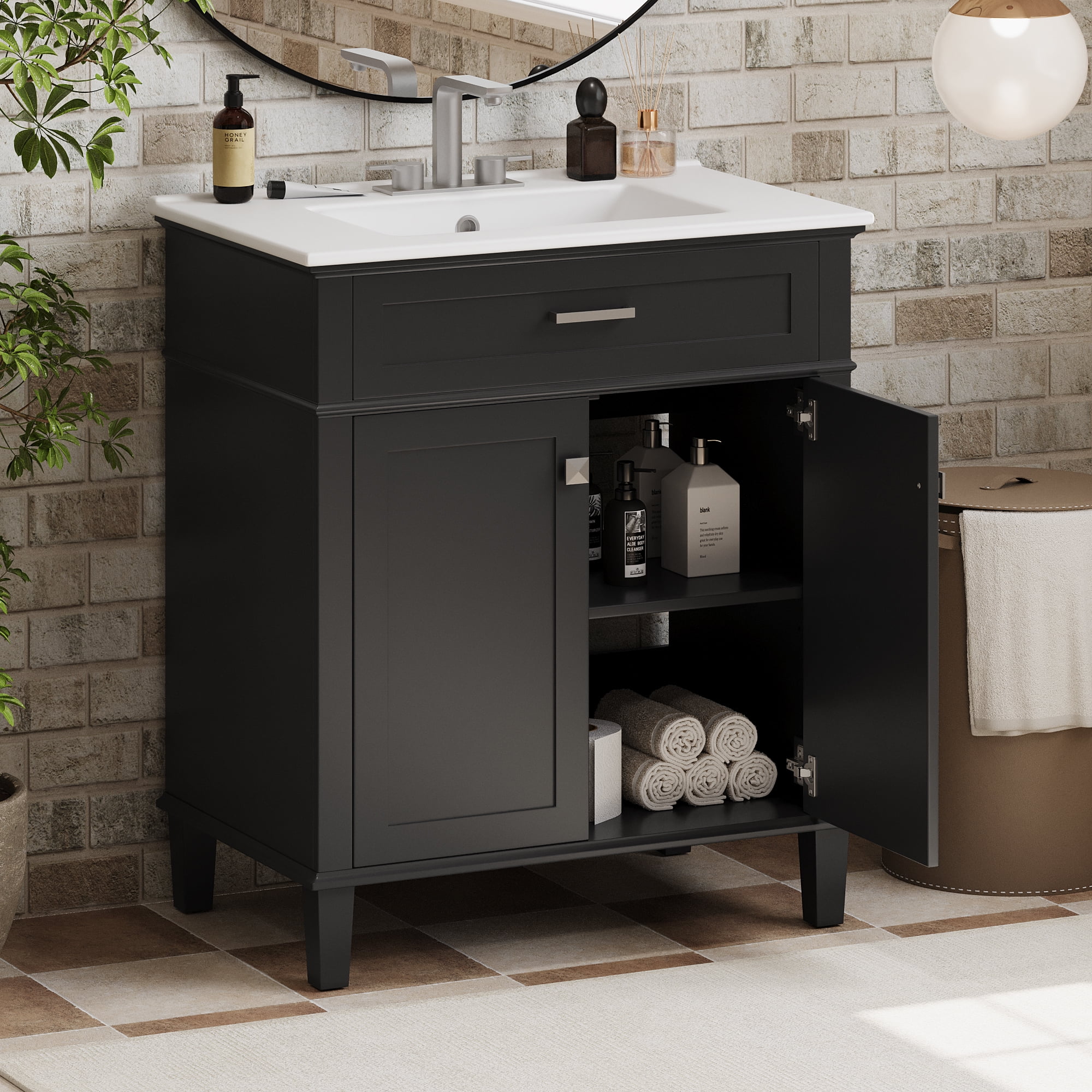 Euroco 30-inch bathroom vanity with ceramic basin, soft close door and adjustable shelves