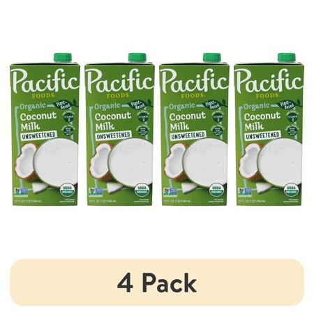 (4 pack) Pacific Foods Organic Unsweetened Coconut Milk, Plant Based Milk, 32 oz Carton
