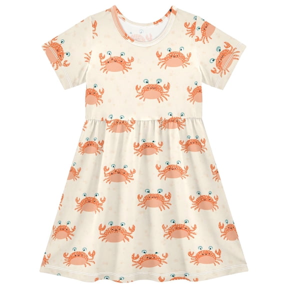 joogoo Orange Crab Pattern Girls' Short Sleeve Dress Kids Dresses 5-6T