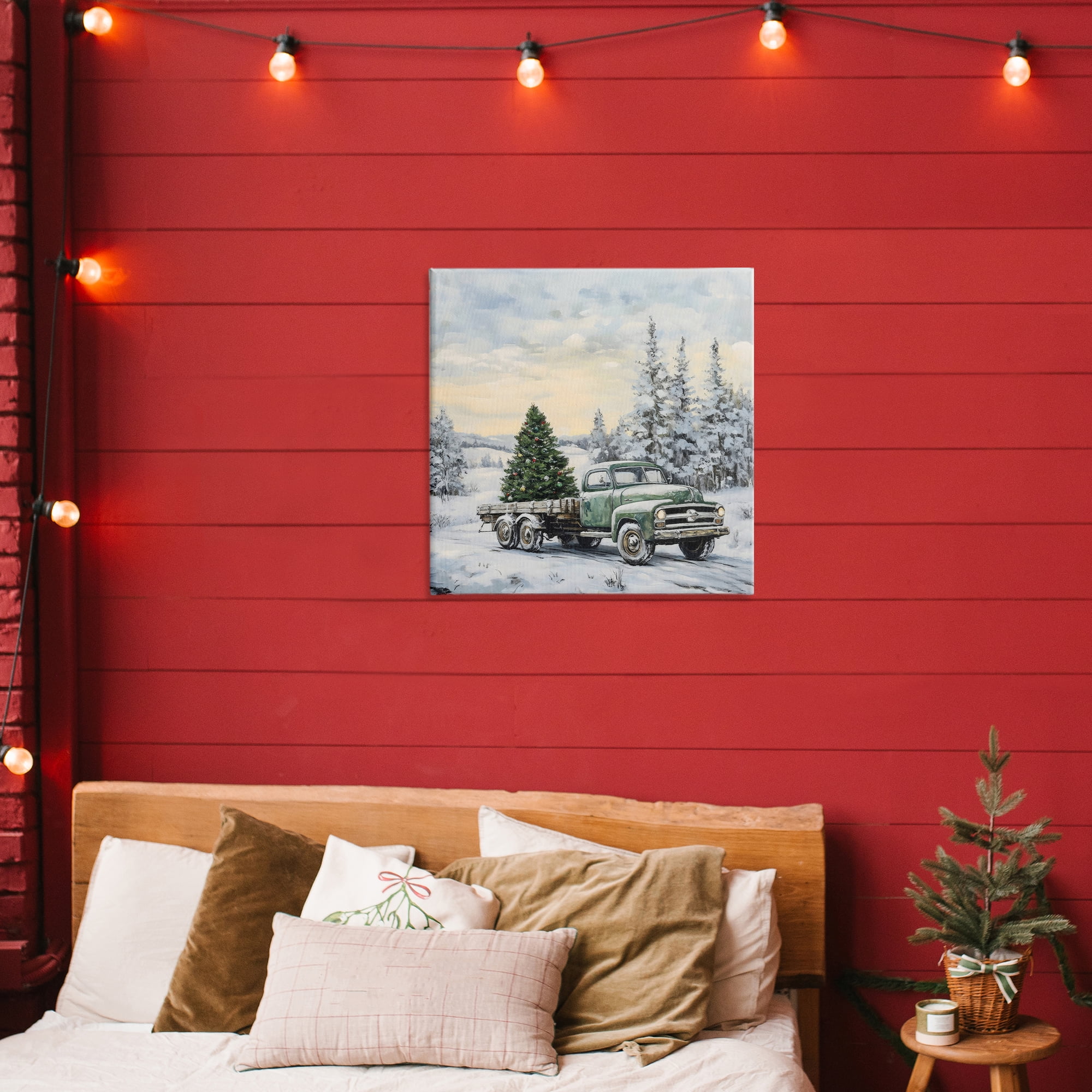 Green Christmas Tree Truck Canvas Wall Art, design by Petal Prints Design