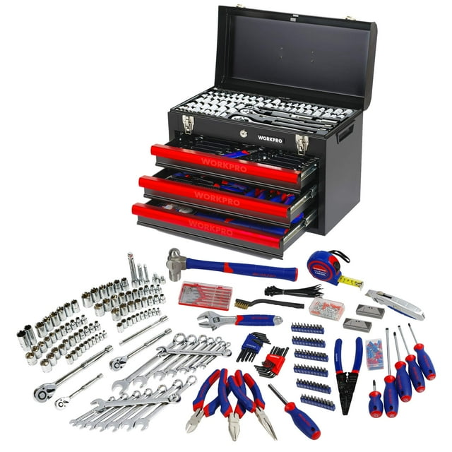 Juego de herramientas WORKPRO 408 Mechanics con caja metálica de 3 cajones, 408 piezas