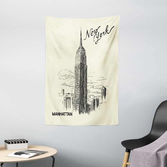 New York Decor Tapestry, Urban Decor Architecture Theme Skyscrapers in Manhattan Illustration, Wall Hanging for Bedroom Living Room Dorm Decor, 40W X 60L Inches, Black Egg Shell, by Ambesonne