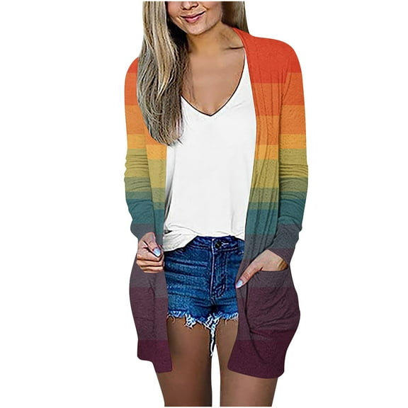 IROINNID Cardigan for Women Open Front Lightweight Solid Color Long Sleeve Outerwear Blouse Cardigan with Pocket,Orange