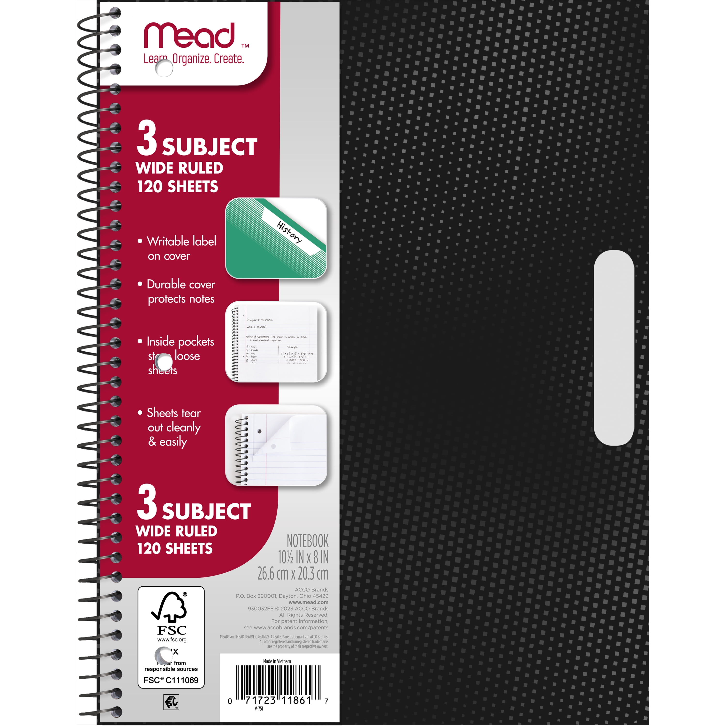 (2 pack) Mead 3 Subject Wide Ruled Notebook, 8" x 10.5", Black, Poly, Spiral, 120 Sheets