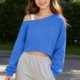 thumbnail image 6 of Kids Girls Off Shoulder Long Sleeve Crop Sweatshirt, Comfort Casual Outerwear Top For Medium & Large Size Children Blue 11-12 Years, 6 of 7
