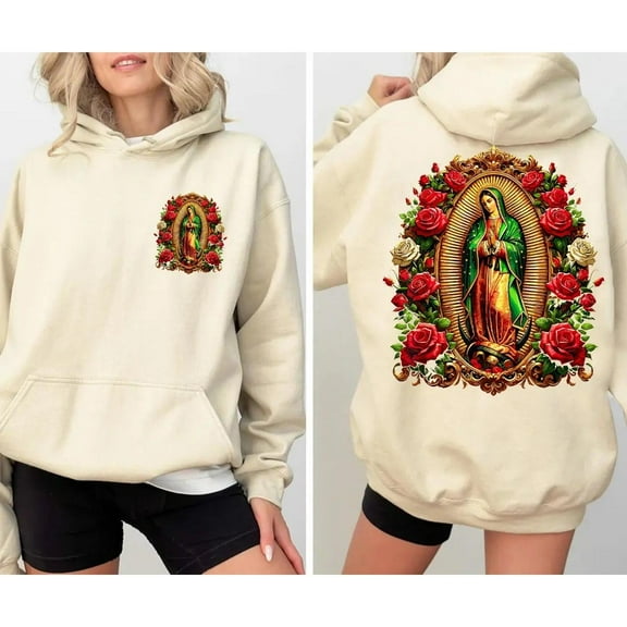 Our Lady of Guadalupe Hoodie Pullover – Virgen de Guadalupe Graphic Sweatshirt with Roses, Religious Catholic Pullover for Men and Women