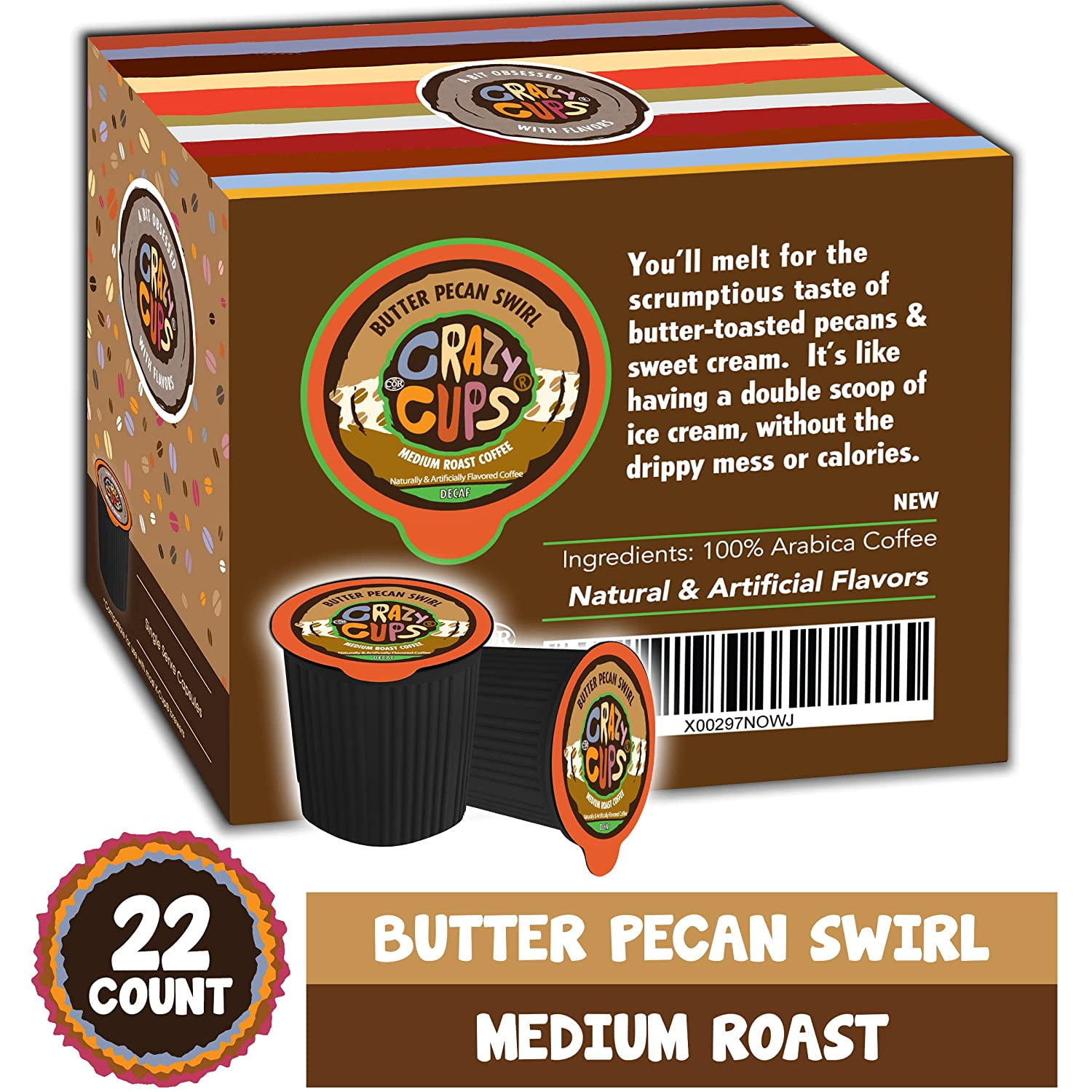 Crazy Cups Flavored Decaf Coffee Pods, Decaf Butter Pecan Coffee, Decaf K Cups for Keurig K Cups Machines, Hot or Iced Coffee, Single Serve Decaffeinated Coffee in Recyclable Pods, 22 Count