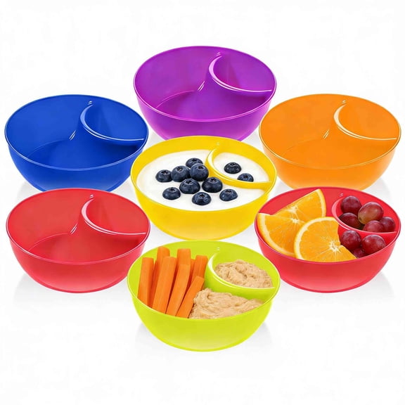 6Pcs Snack and Dip Bowls, Plastic Chips Serving Bowls Anti Soggy Divided Bowl Stackable Dish Microwave and Dishwasher Safe Container for Chips, Dips Snacks Salsa Salad Nuts(Multicolor)
