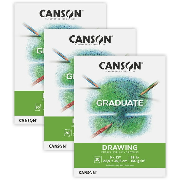 Canson Graduate Drawing Pad, Foldover Binding, 30 Sheet, 9x12 inch, Pack of 3