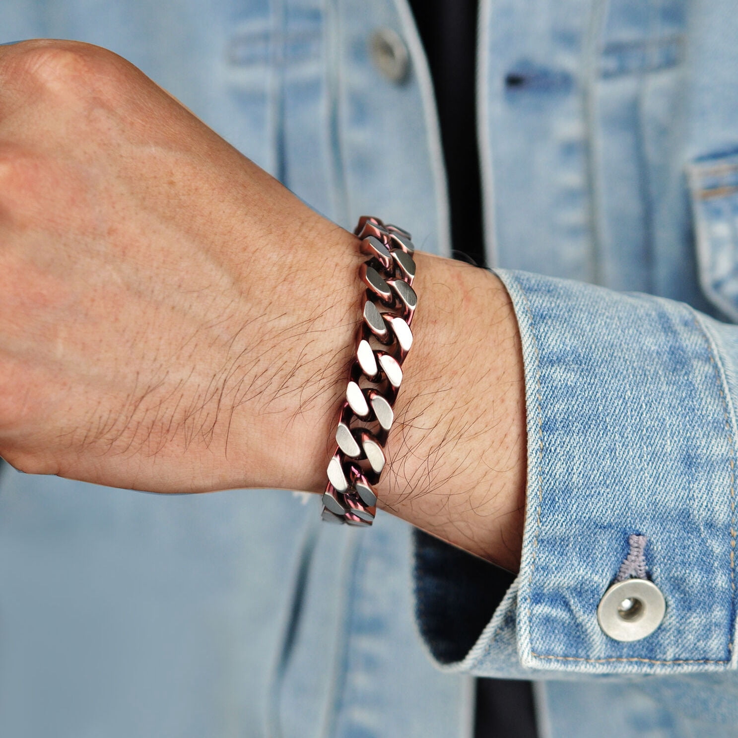 Curb Chain Bracelet for Men in Stainless Steel with Red Ion Plating - 9 Inches Long 12 MM Wide with Push Lock